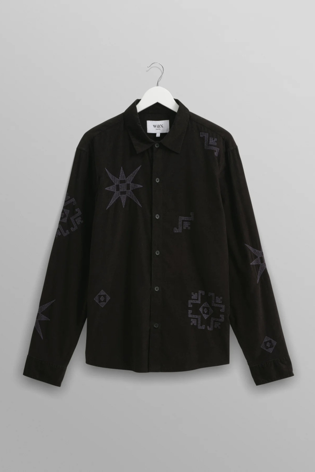 wax london Trin - Black Geometrical Embroidered Corduroy Shirt