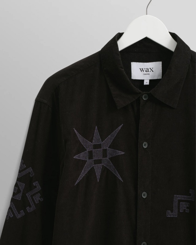 wax london Trin - Black Geometrical Embroidered Corduroy Shirt