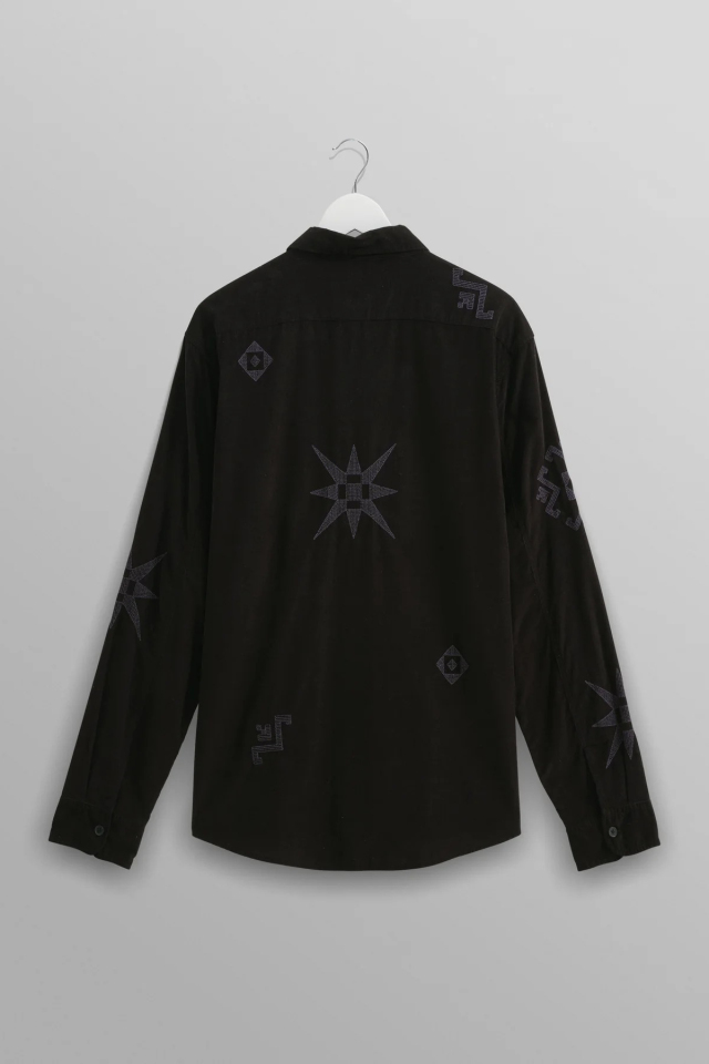 wax london Trin - Black Geometrical Embroidered Corduroy Shirt