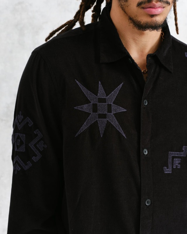 wax london Trin - Black Geometrical Embroidered Corduroy Shirt