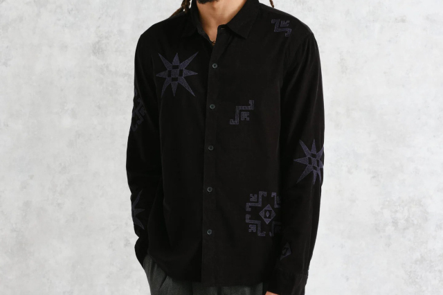 wax london Trin - Black Geometrical Embroidered Corduroy Shirt