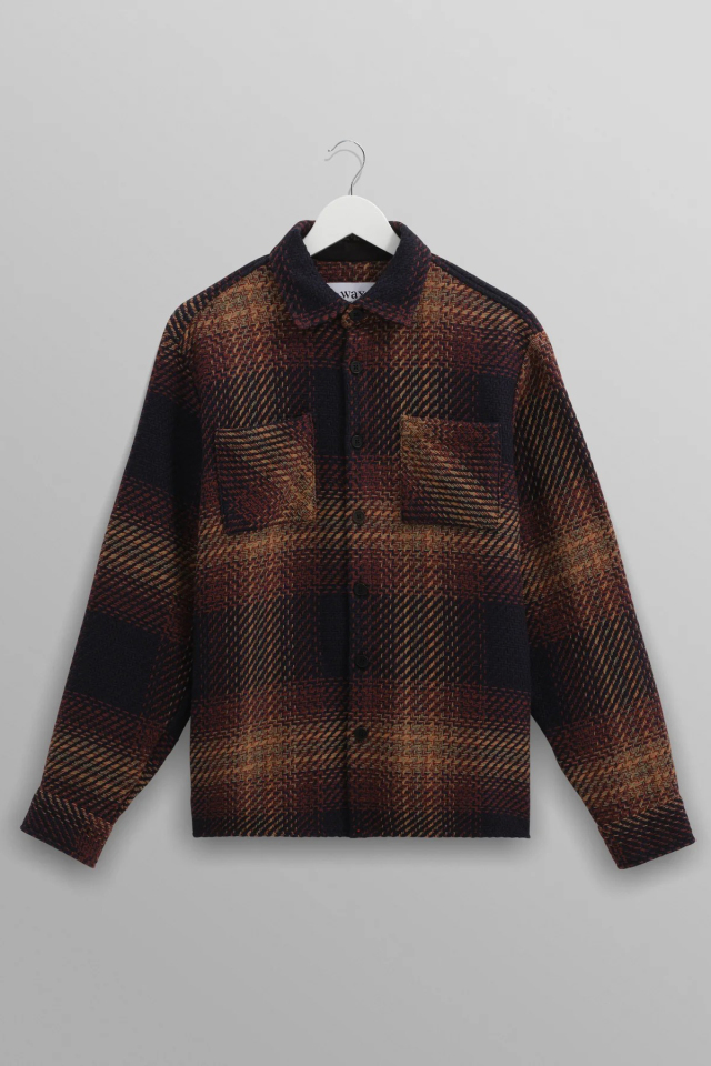 wax london Whiting - Navy And Brown Windowpane Check Overshirt