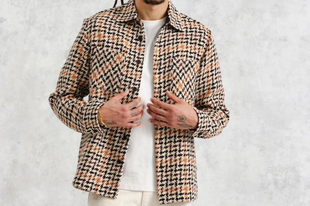 wax london Whiting - Natural Houndstooth-Weave Overshirt